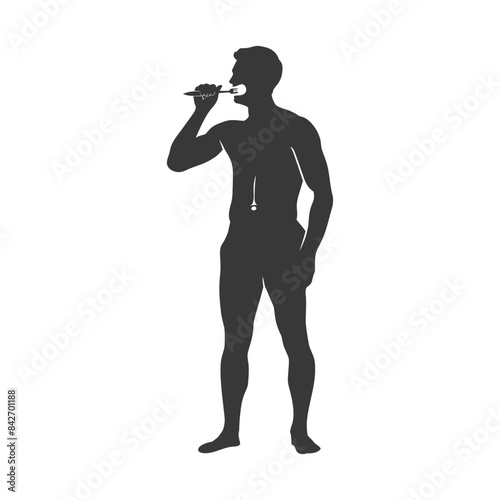 Monochrome Morning: Silhouette of a Man Brushing His Teeth, Shirtless.