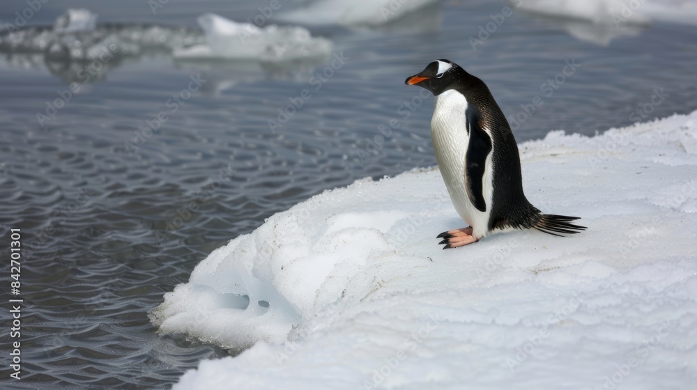 Fototapeta premium A lone penguin perched on the edge of a melt pond gazing into the pristine waters below.
