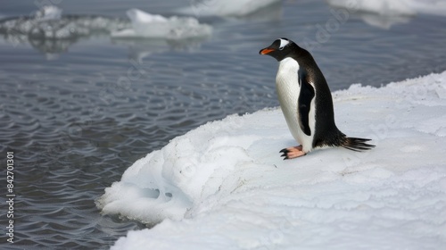 A lone penguin perched on the edge of a melt pond gazing into the pristine waters below.