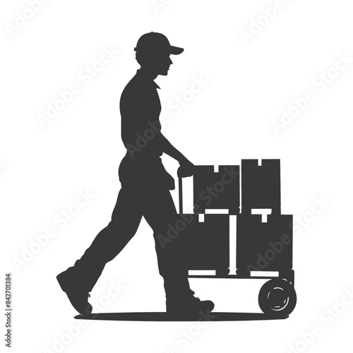 Courier Silhouette: Delivery Man Pulling Cart of Boxes