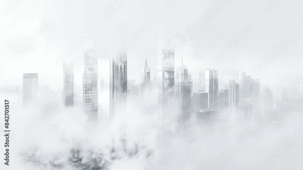 Fototapeta premium minimal white abstract background and a city with tall buildings in the subtle background 