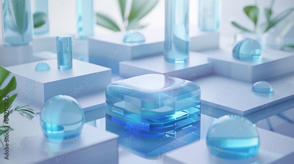 Isometric flooring, flat geometric art, blue frosted glass Isometric flooring, flat geometric art, blue frosted glass
