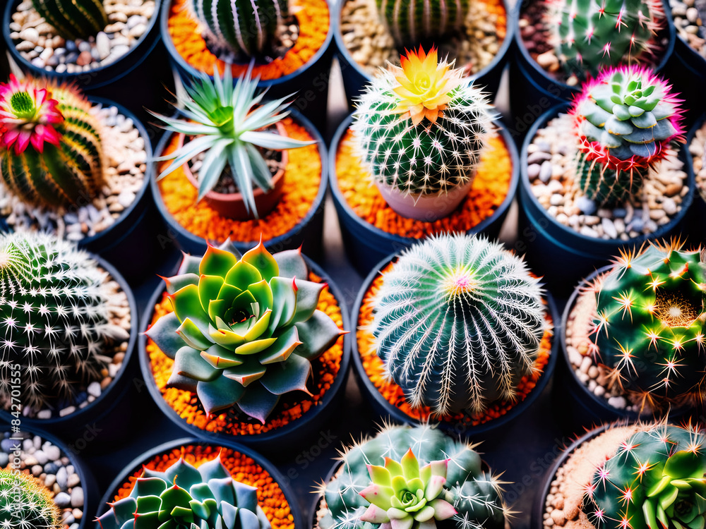 An overhead view of a collection of various cacti nestled together in pots of different sizes and colors. An overhead view of a collection of various cacti nestled together in pots of different sizes and colors.