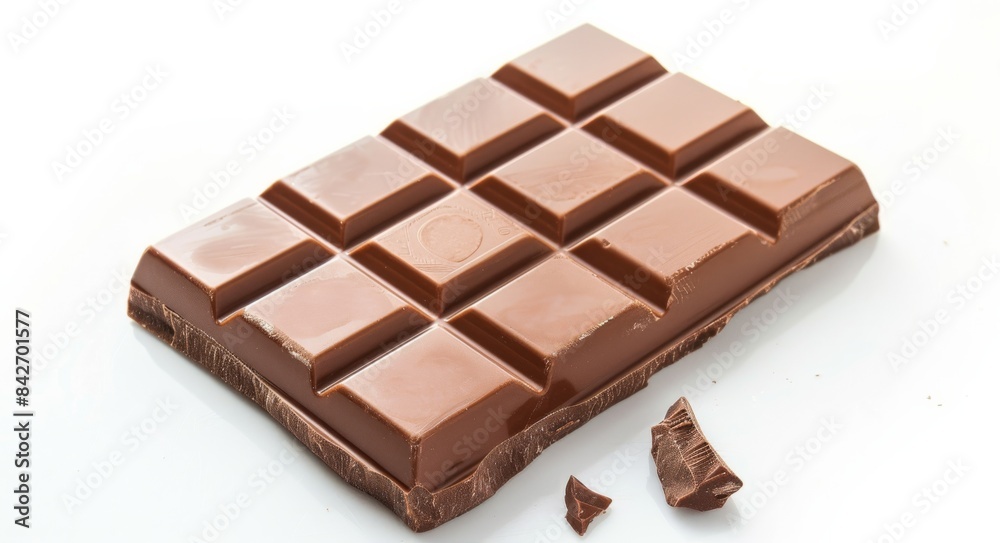 A delicious milk chocolate bar isolated on a white background, showcasing the rich, creamy texture and irresistible appeal of this classic sweet treat A delicious milk chocolate bar isolated on a white background, showcasing the rich, creamy texture and irresistible appeal of this classic sweet treat