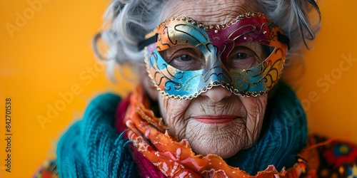 Elderly woman in colorful carnival mask against bright background with text space. Concept Elderly Portraits, Clown Costume, Colorful Carnival Theme, Vibrant Background, Text Space