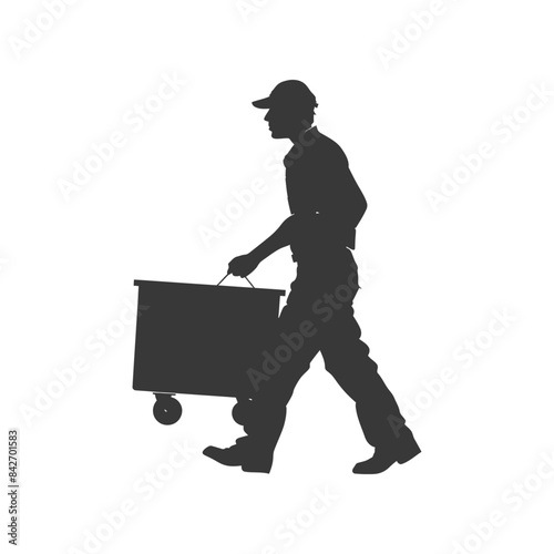 Silhouette of a man hauling a wheeled toolbox, isolated on white.