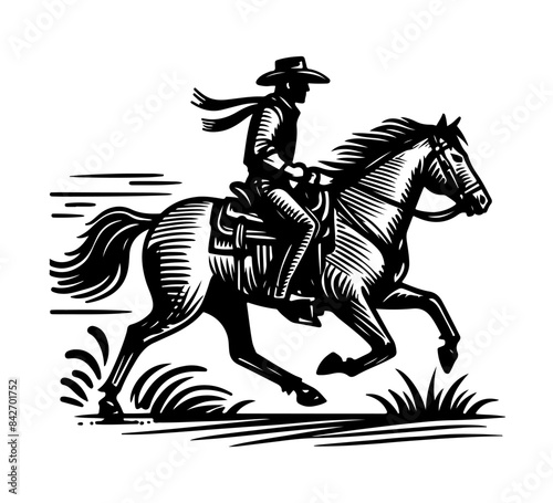 cowboy riding horse hand drawn vintage vector illustration