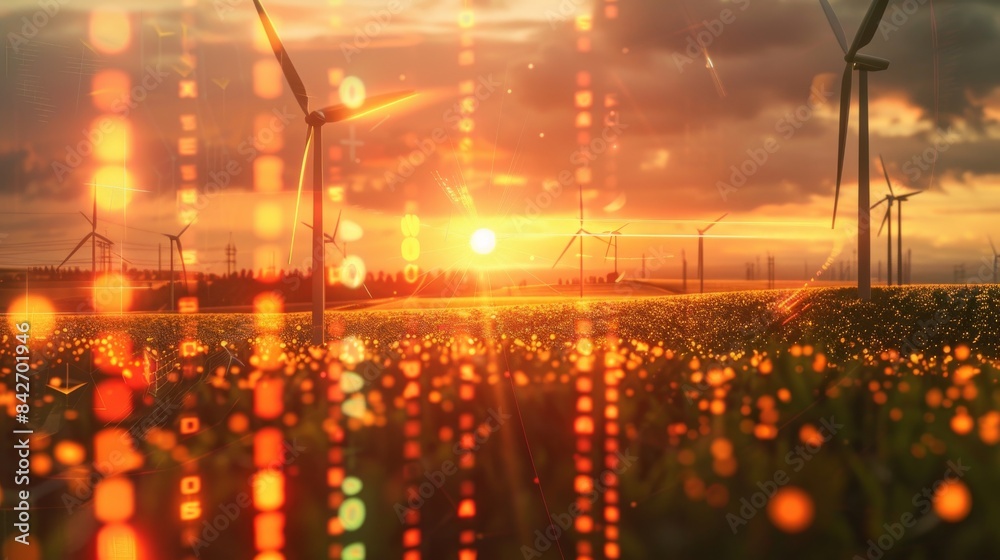 Fototapeta premium Tax financial model intertwined with the energy sector, solar and windmills casting dynamic holograms of financial data, the juxtaposition of nature and finance, daylight scene with vibrant hues, conv