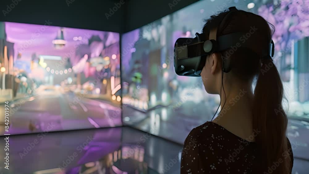 A woman wearing a VR headset stands in front of a large screen displaying a nighttime cityscape. A woman wearing a VR headset stands in front of a large screen displaying a nighttime cityscape.