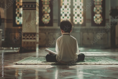 This Ramadan kareem concept shows Muslim children praying peacefully and quietly in mosques. photo