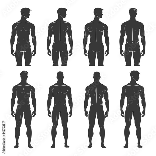 Anatomical Silhouettes: Male Body Poses, Front & Back View, Muscular Structure, Dark Tone.