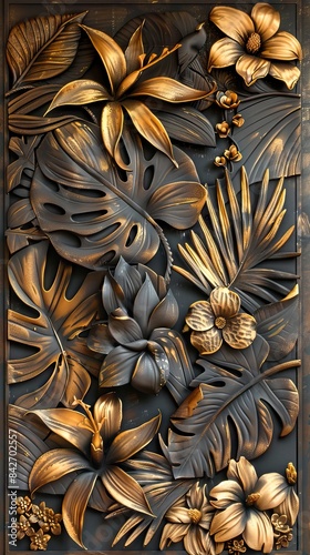 flora background engrave on a woodden board. Flower wallpaper. AI generated illustration © moon