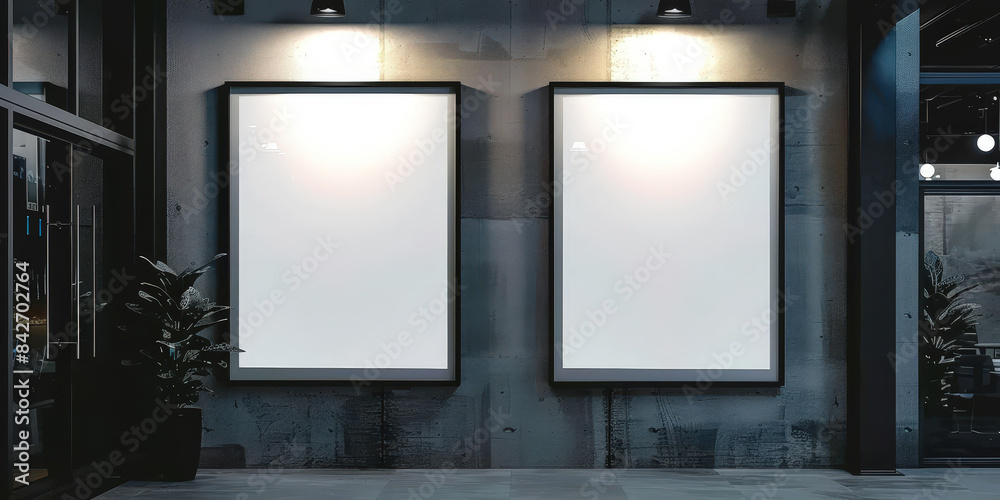 Modern interior with three large blank white frames on a concrete wall, illuminated by spotlights. Contemporary gallery or exhibition space with a sleek and minimalist design.. Modern interior with three large blank white frames on a concrete wall, illuminated by spotlights. Contemporary gallery or exhibition space with a sleek and minimalist design..