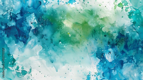 An abstract watercolor background with splashes of blue and green hues, creating a dreamy and artistic effect. © Plaifah