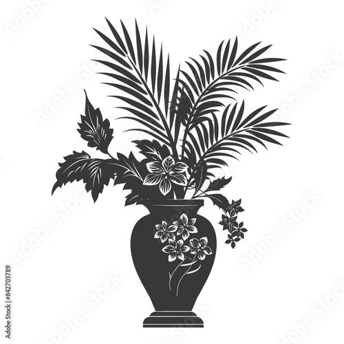 silhouette ornamental plants in vase full body black color only