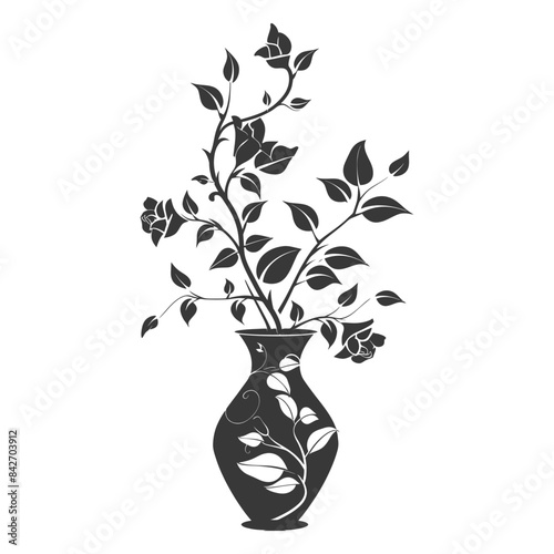 silhouette ornamental plants in vase full body black color only