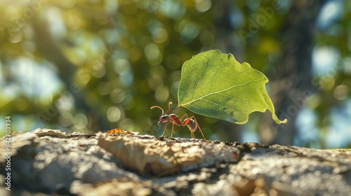 An ant carrying a leaf much larger than itself, showcasing its incredible strength. © Plaifah