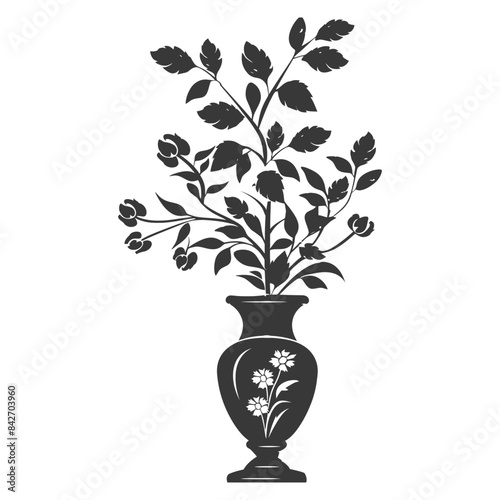 silhouette ornamental plants in vase full body black color only