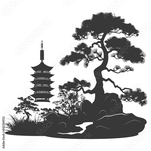 Japanese Garden Silhouette: Pagoda, Pine, and Stones.