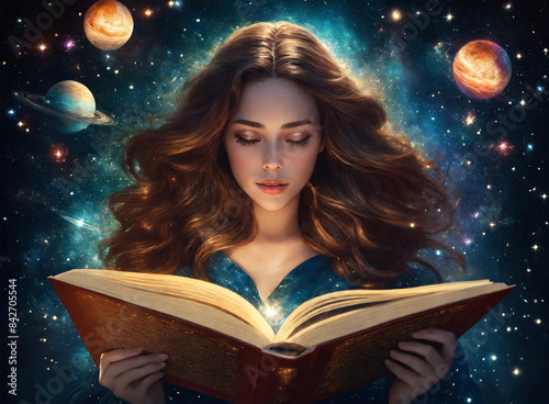 Young woman reading a Holy Book - Magic Book - Universe - AI generated
