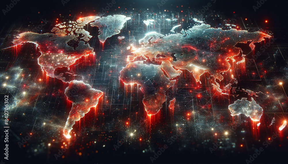 Digital world map with glowing connections and lights. Digital world map with glowing connections and lights.