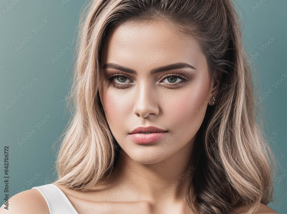 A woman with blonde hair and green eyes is wearing makeup A woman with blonde hair and green eyes is wearing makeup