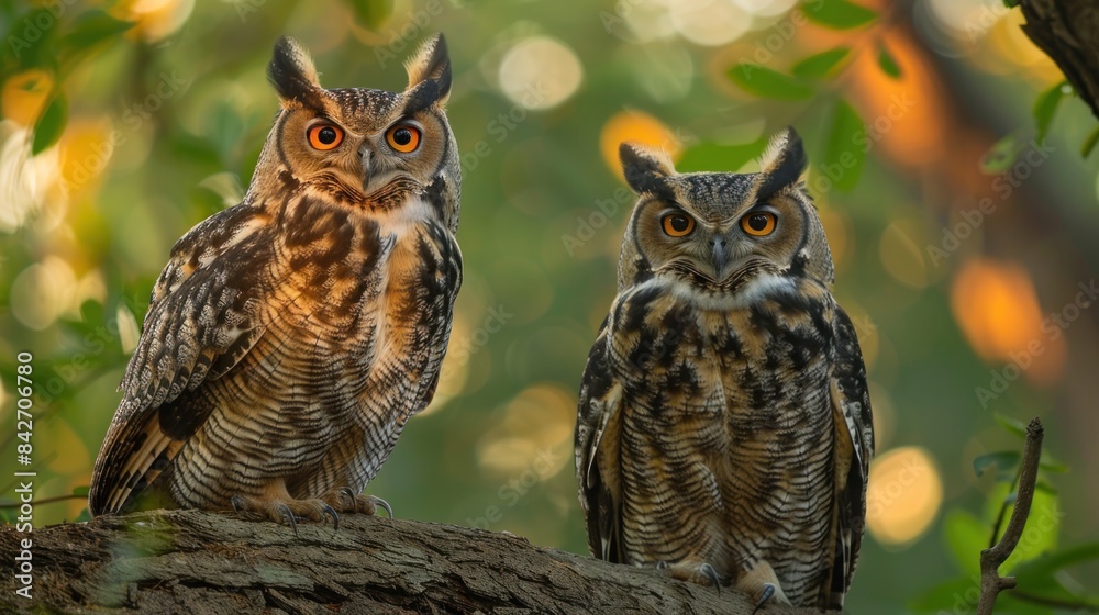 Fototapeta premium A pair of owls perch on a tree branch, illuminated by the soft glow of the setting sun. Their watchful eyes peer into the distance, while the surrounding forest casts intricate shadows on the ground.