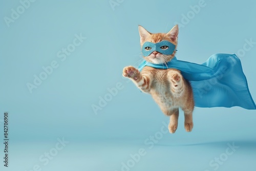 superhero cat, Cute orange tabby kitty with a blue cloak and mask jumping and flying on light blue background with copy space. The concept of a superhero, super cat, leader, funny animal studio shot © Boraryn