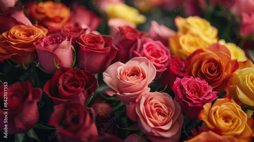 Obraz premium Close up view of vibrant roses arranged in a pile