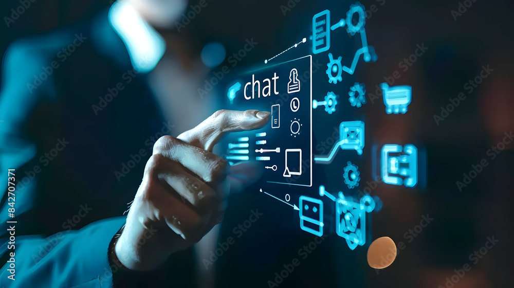 Businessman touching a digital screen with text chat ai and an icon of a chip Businessman touching a digital screen with text chat ai and an icon of a chip