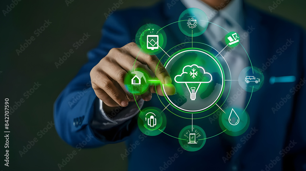 Businessman touching a green circular web icon with carbon rutone and energy icons around it Businessman touching a green circular web icon with carbon rutone and energy icons around it