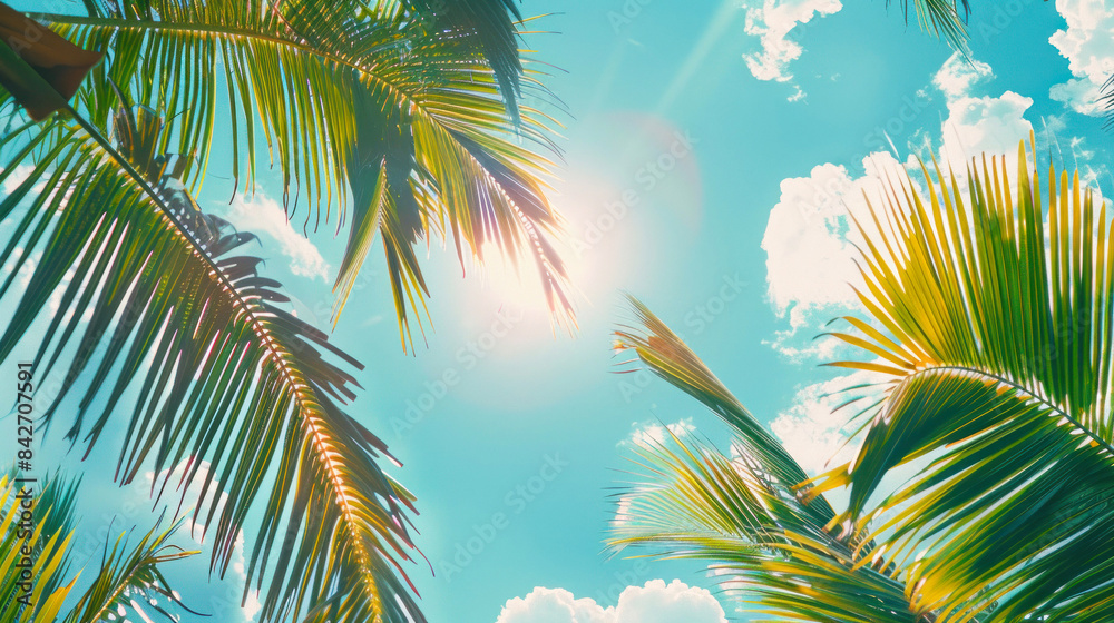 Sunny palm leaves on a bright day