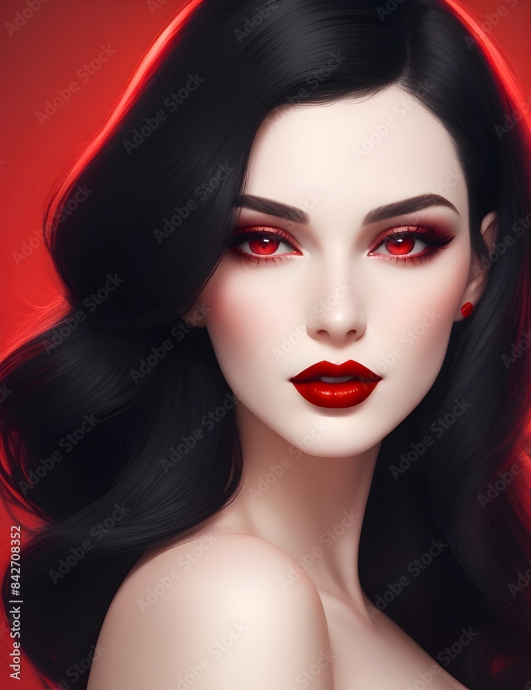 Captivating AI Art: Dark-Haired Woman in Elegant Black Dress, Digital Illustration. Beautiful Digital Portrait of a Woman with Deep red Eyes and Luxurious Black Hair – AI Generated Art Captivating AI Art: Dark-Haired Woman in Elegant Black Dress, Digital Illustration. Beautiful Digital Portrait of a Woman with Deep red Eyes and Luxurious Black Hair – AI Generated Art