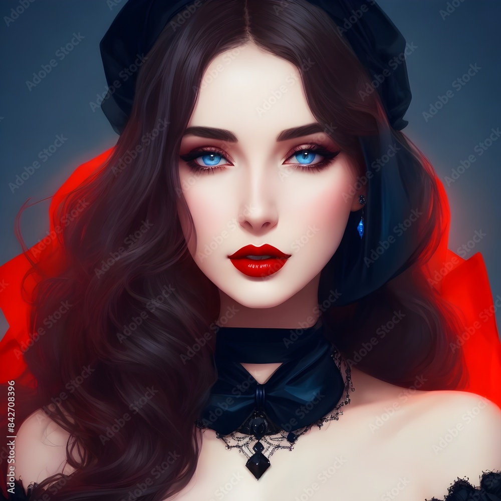 Fototapeta premium Captivating AI Art: Dark-Haired Woman in Elegant Black Dress, Digital Illustration. Beautiful Digital Portrait of a Woman with Deep Blue Eyes and Luxurious Black Hair – AI Generated Art
