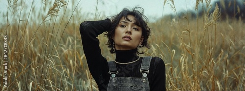 Asian woman wearing a black turtleneck, standing in the middle of a wheat field.