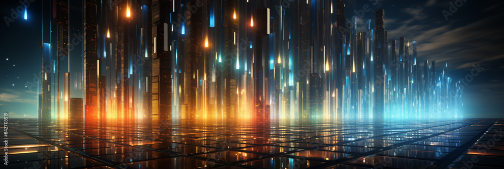 Obraz premium La fontaine lumineuse de la ville brille dans la nuit, projetant des vagues colorées et dansantes au rythme de la musique.