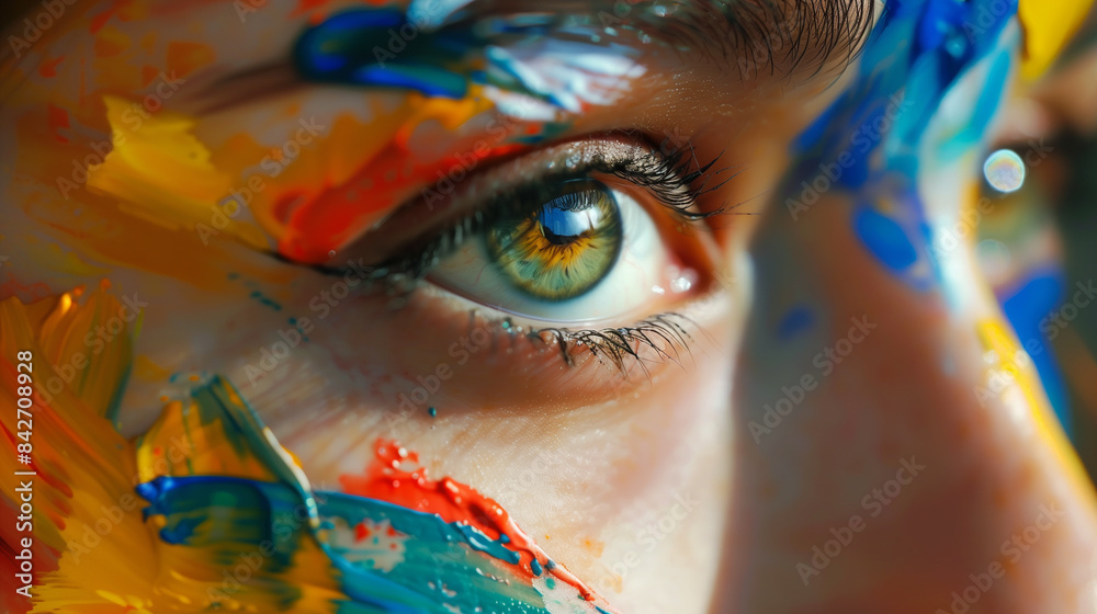 Close-up of eye with colorful paint splatters