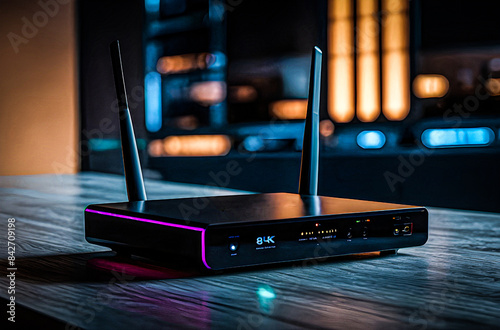 A modern Wi-Fi router with glowing LED indicators, set against a sleek, minimalist background Generative AI image. 