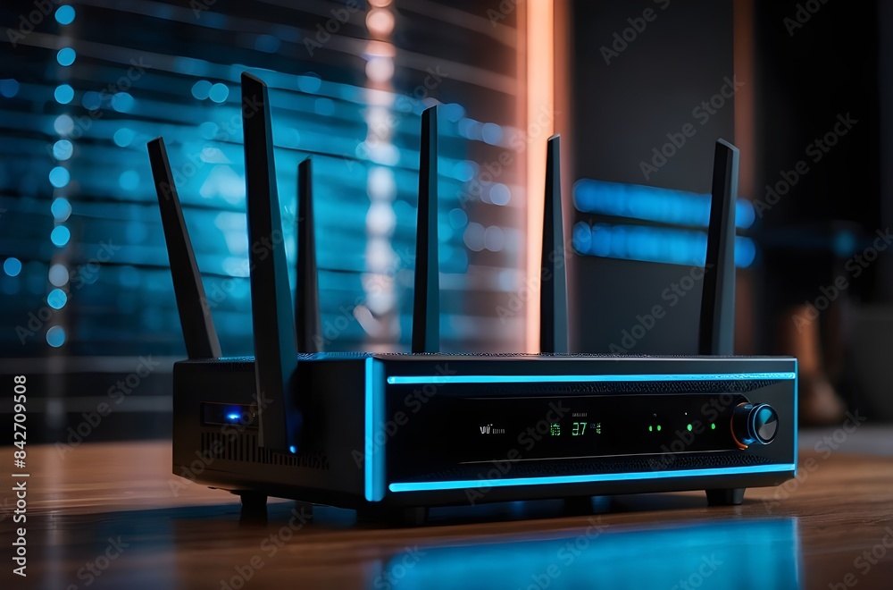 A modern Wi-Fi router with glowing LED indicators, set against a sleek, minimalist background Generative AI image.
A modern Wi-Fi router with glowing LED indicators, set against a sleek, minimalist background Generative AI image.