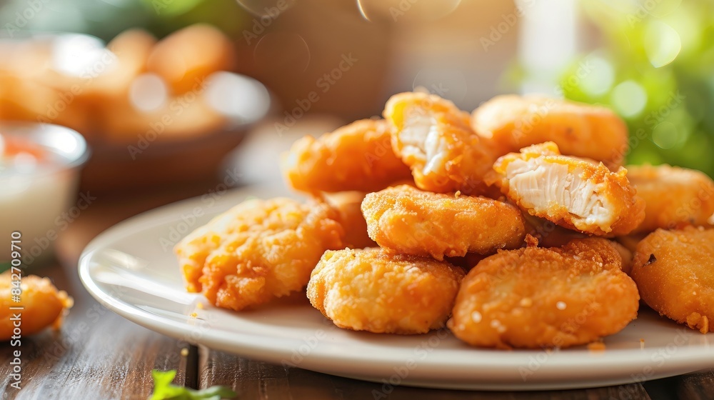 Plate of crunchy chicken nuggets on the table in a fast food setting Brand free image Plate of crunchy chicken nuggets on the table in a fast food setting Brand free image