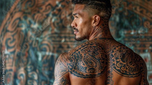The back of a toned male showcasing detailed tribal tattoos across the muscles © familymedia