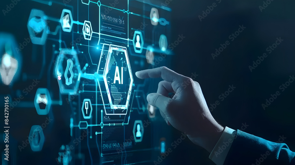 Businessman touching a virtual screen with text AI and a hexagon pattern icon representing artificial intelligence technology Businessman touching a virtual screen with text AI and a hexagon pattern icon representing artificial intelligence technology