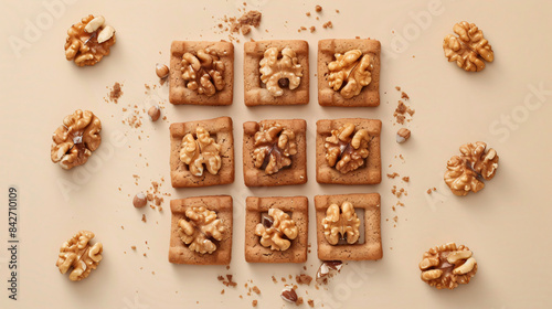 Tic tac toe game made with walnuts and cookies on beig