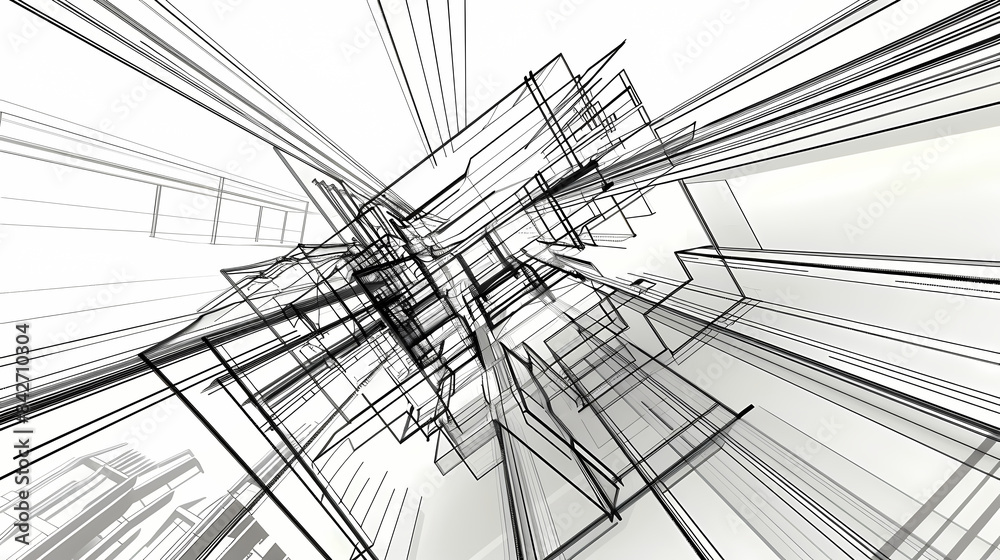 Fototapeta premium abstract modern urban landscape line drawin.3D illustration Imagination architecture building construction perspective design.