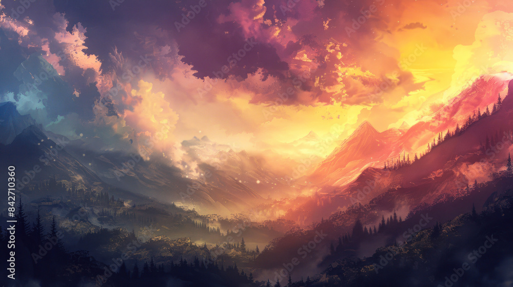 Naklejka premium Vibrant mountain sunset digital artwork