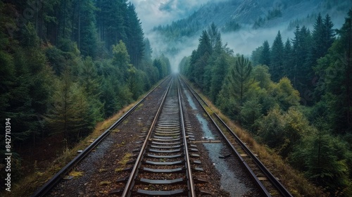 curving train track surrounded by a dense forest of evergreen trees, with low-hanging clouds and mist creating a mystical atmosphere © Nosheen