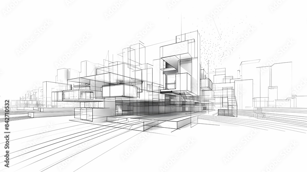 abstract modern urban landscape line drawin.3D illustration Imagination architecture building construction perspective design. abstract modern urban landscape line drawin.3D illustration Imagination architecture building construction perspective design.