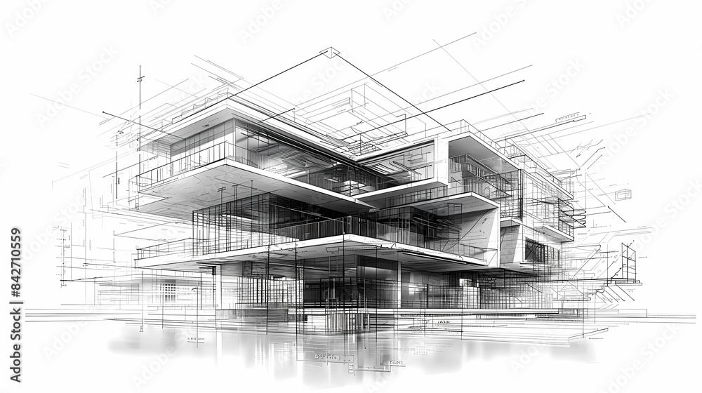 abstract modern urban landscape line drawin.3D illustration Imagination architecture building construction perspective design.