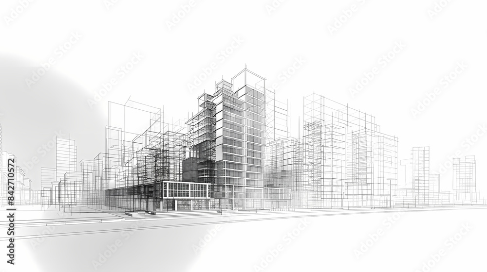 Obraz premium abstract modern urban landscape line drawin.3D illustration Imagination architecture building construction perspective design.