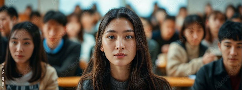 Asian female college student is sitting in the classroom, surrounded by many students and listening to the lecture with her long hair down. Asian female college student is sitting in the classroom, surrounded by many students and listening to the lecture with her long hair down.